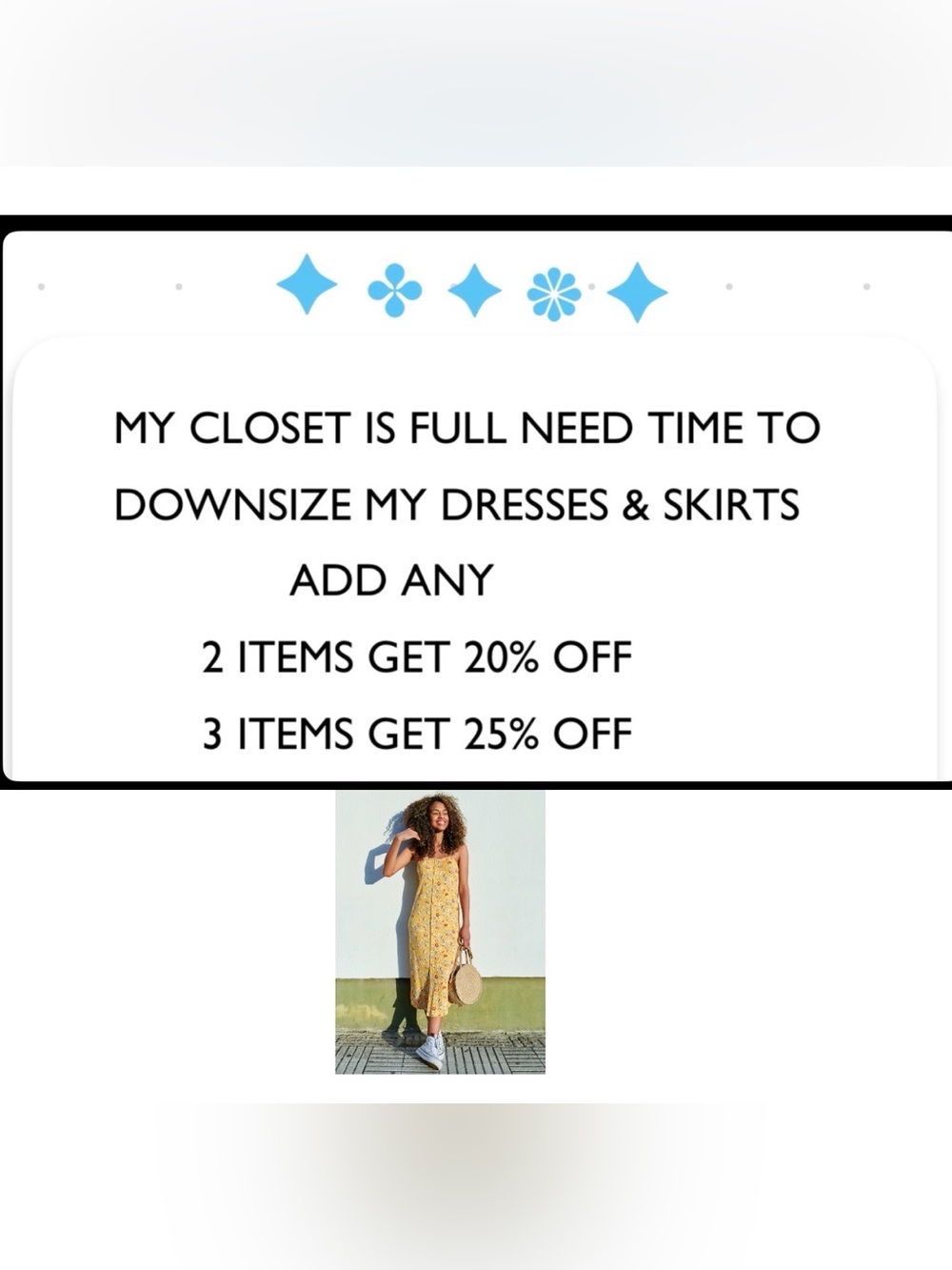 WEDNESDAY, CLEAN OUT SALE ON ALL DRESSES AND SKIRTS.